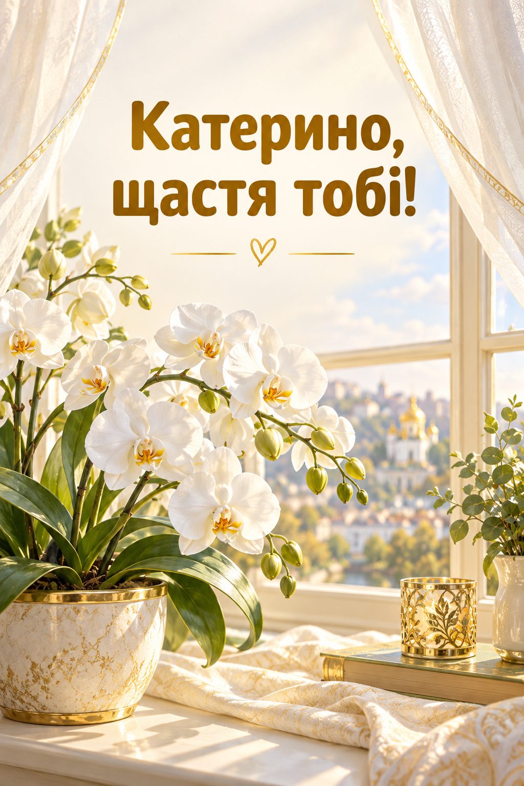 Листівка з Днем ангела Катерини: сонячне вікно з білими орхідеями, напис «Катерино, щастя тобі!»