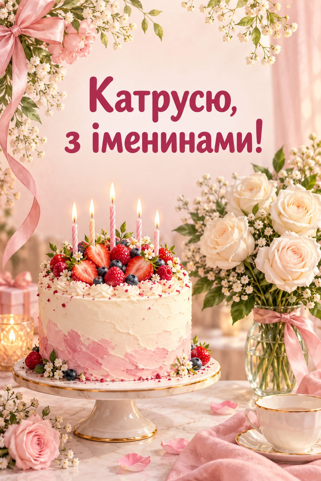 Листівка з Днем ангела Катерини: святковий торт із ягодами й ваза білих троянд, напис «Катрусю, з іменинами!»
