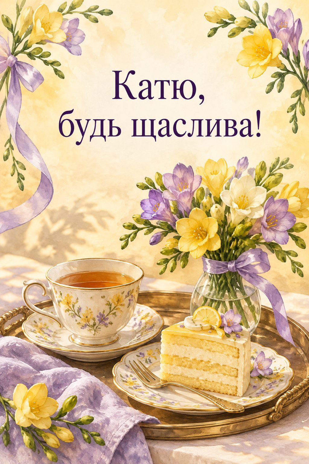 Листівка з Днем ангела Катерини: чашка чаю, шматочок торта й букетик фрезій, напис «Катю, будь щаслива!»