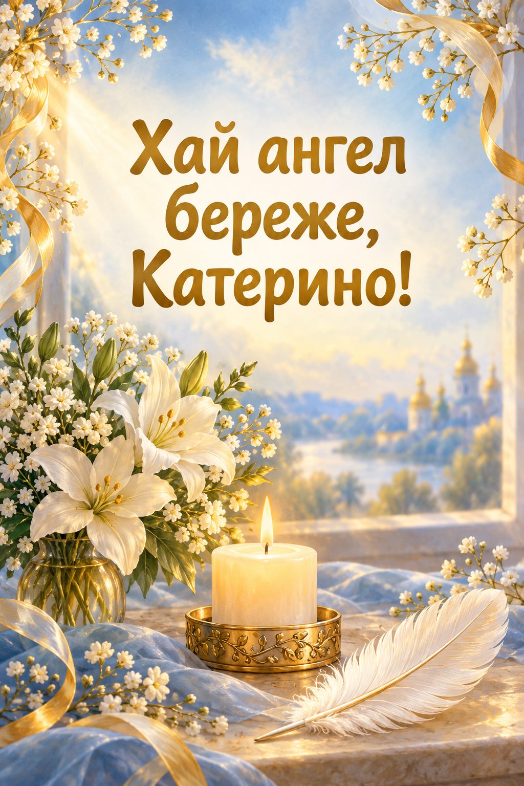 Листівка з Днем ангела Катерини: біле перо, свічка й букетик білих квітів, напис «Хай ангел береже, Катерино!»