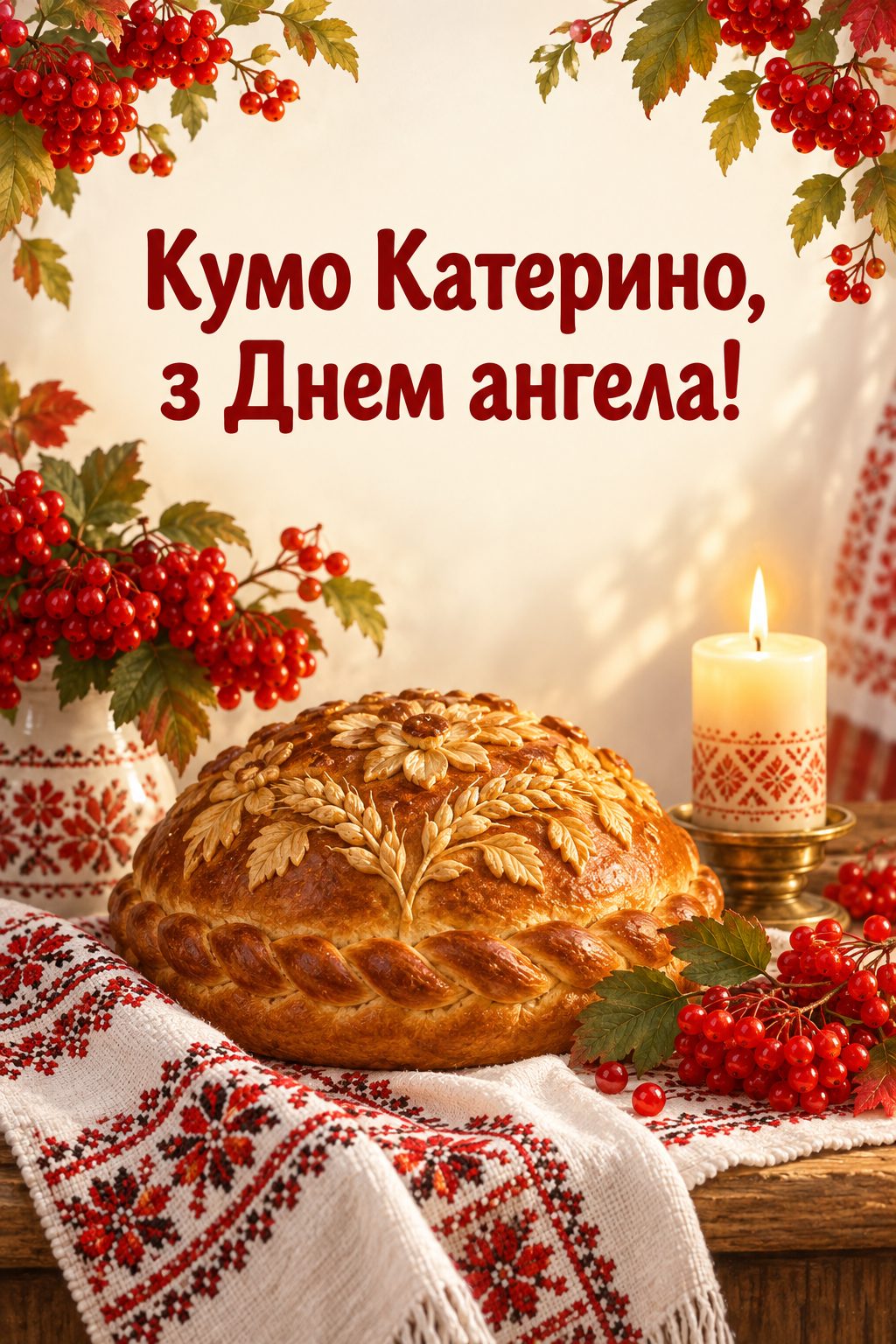 Листівка з Днем ангела Катерини: коровай на вишитому рушнику, калина й свічка, напис «Кумо Катерино, з Днем ангела!»