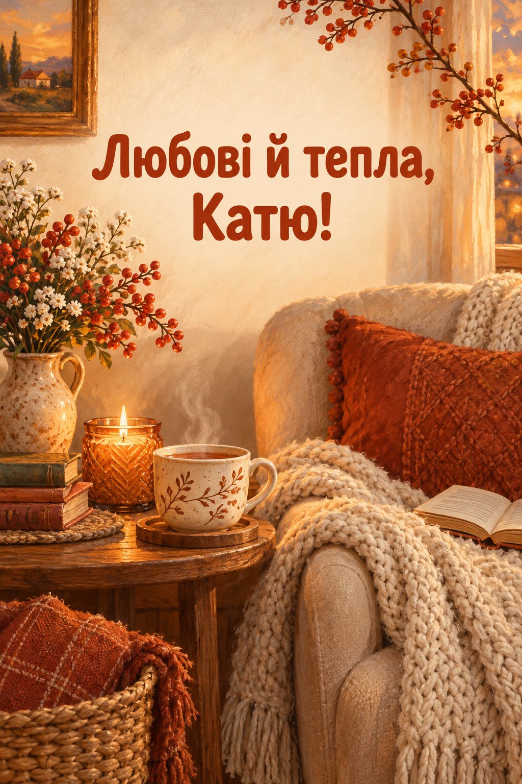 Листівка з Днем ангела Катерини: в'язаний плед, чашка чаю й свічка у кріслі, напис «Любові й тепла, Катю!»