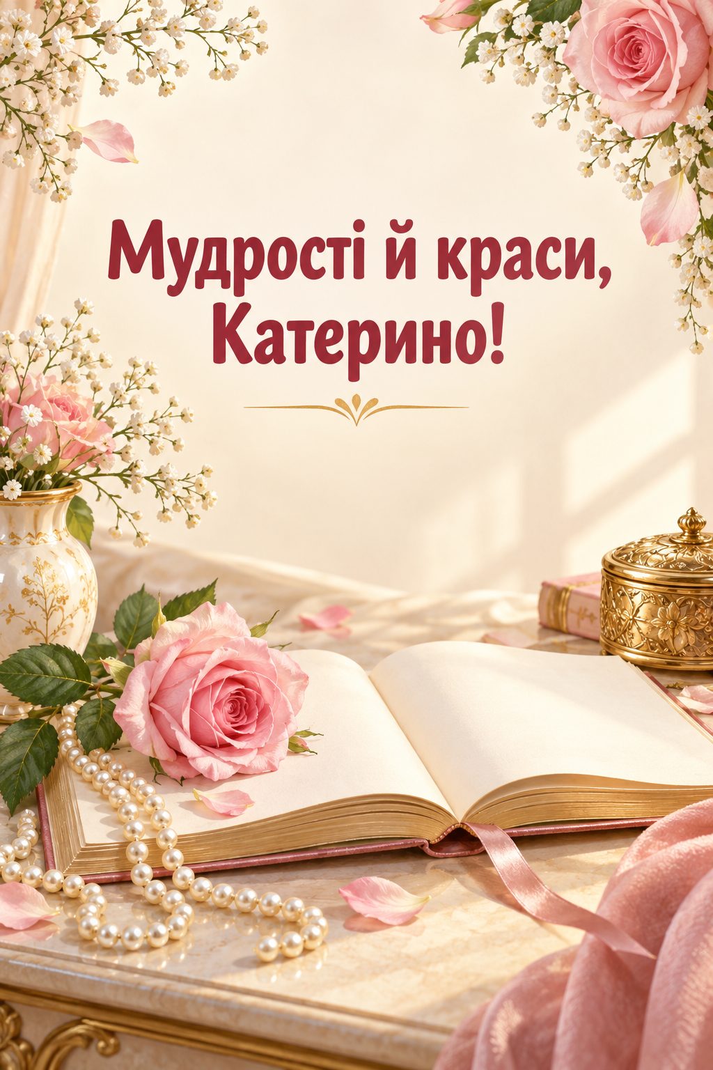 Листівка з Днем ангела Катерини: розгорнута книжка, рожева троянда й нитка перлів, напис «Мудрості й краси, Катерино!»