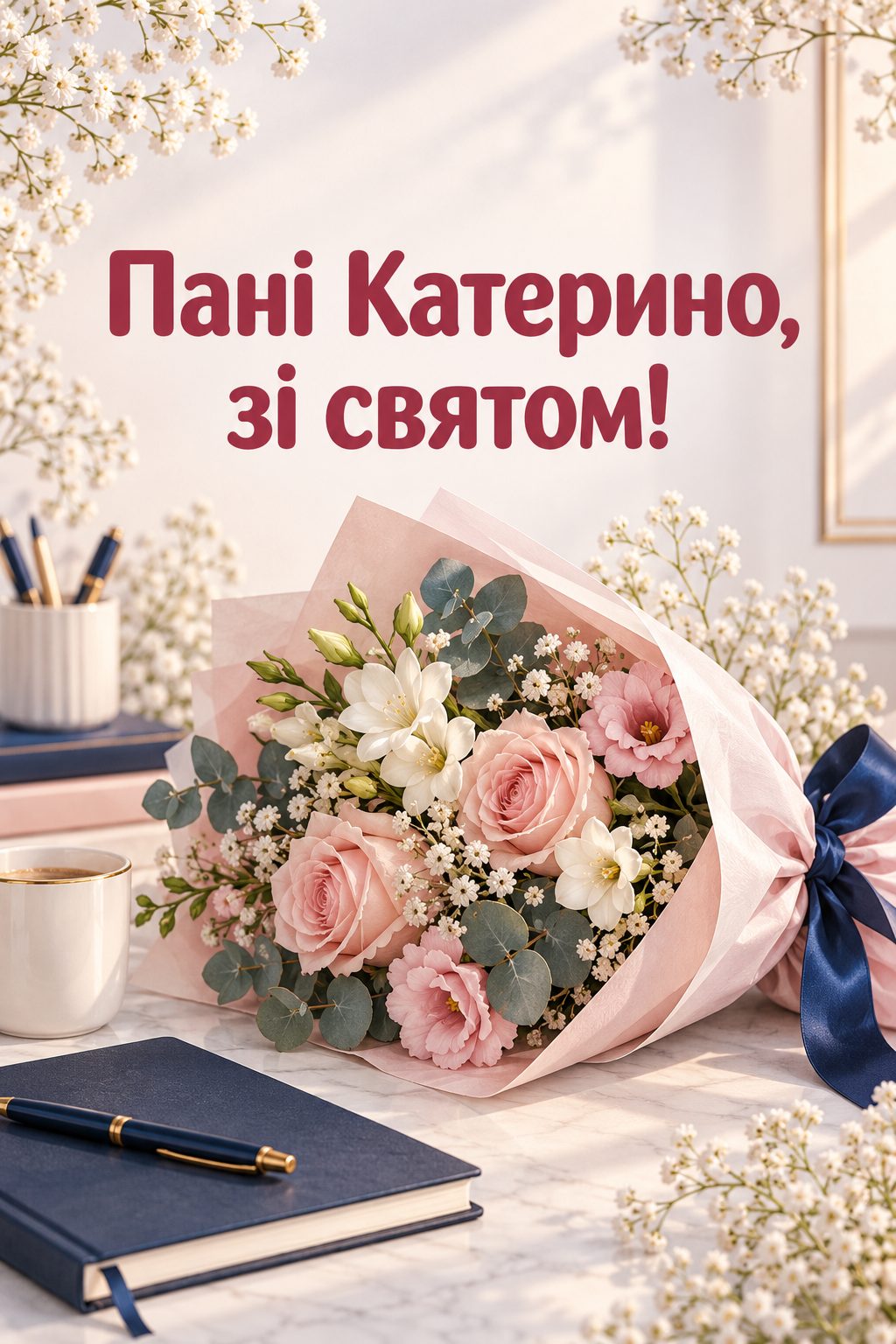 Листівка з Днем ангела Катерини: вишуканий букет на робочому столі біля записника, напис «Пані Катерино, зі святом!»