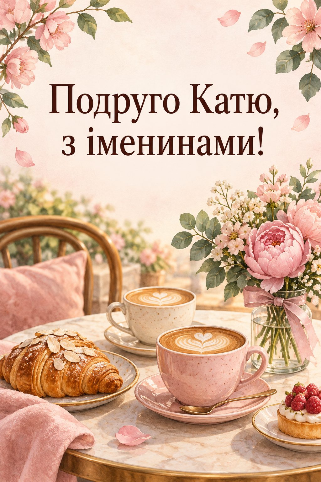 Листівка з Днем ангела Катерини: дві чашки кави, тістечка й букетик на столику кав'ярні, напис «Подруго Катю, з іменинами!»