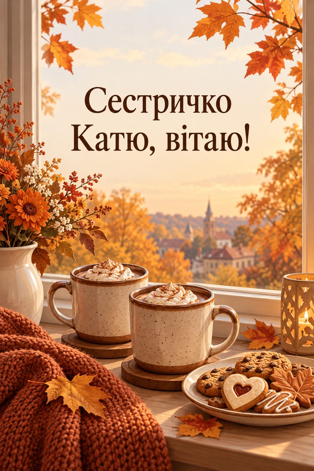 Листівка з Днем ангела Катерини: дві чашки какао й печиво на підвіконні, напис «Сестричко Катю, вітаю!»
