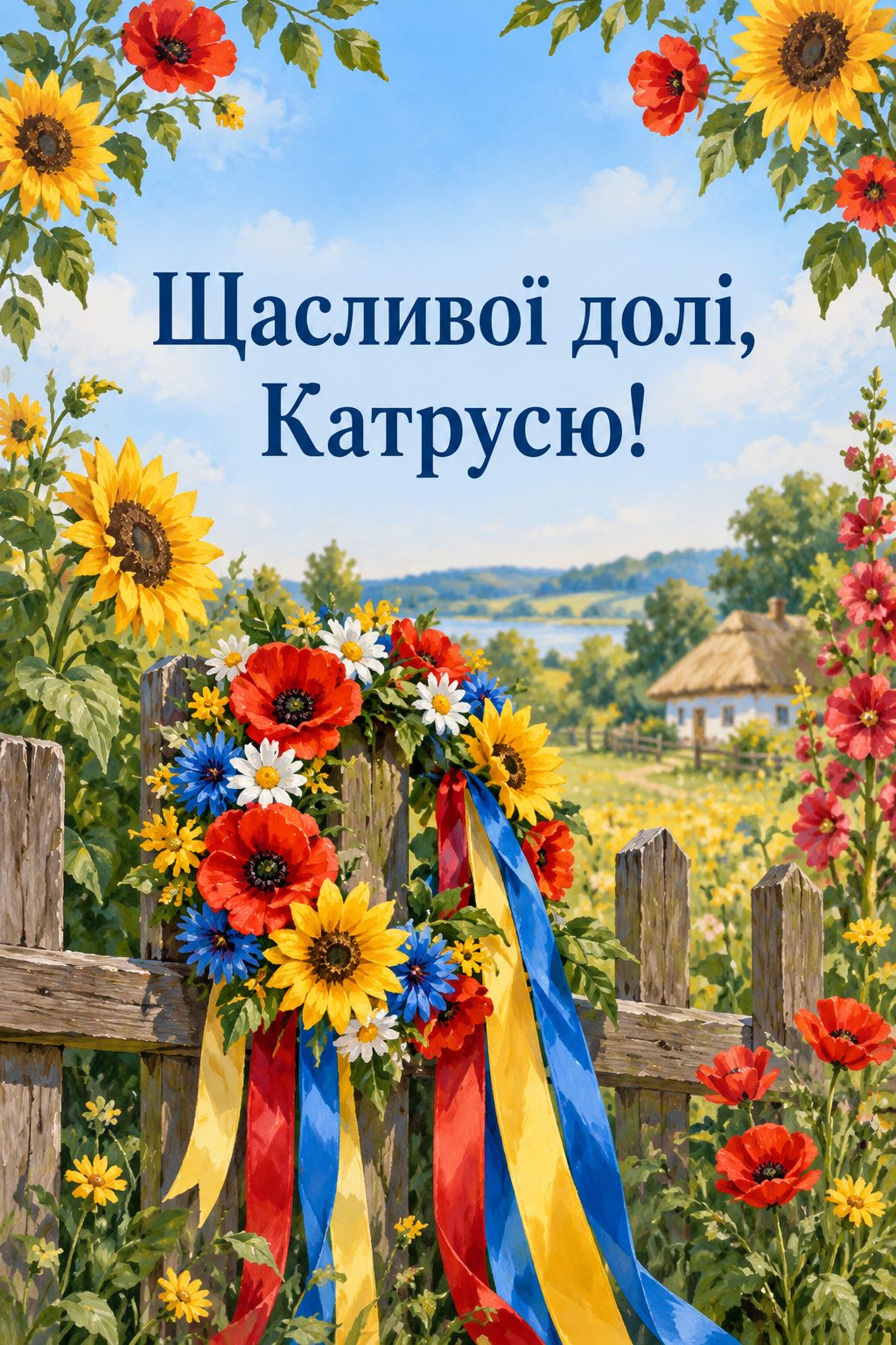 Листівка з Днем ангела Катерини: український вінок зі стрічками на дерев'яному паркані, напис «Щасливої долі, Катрусю!»