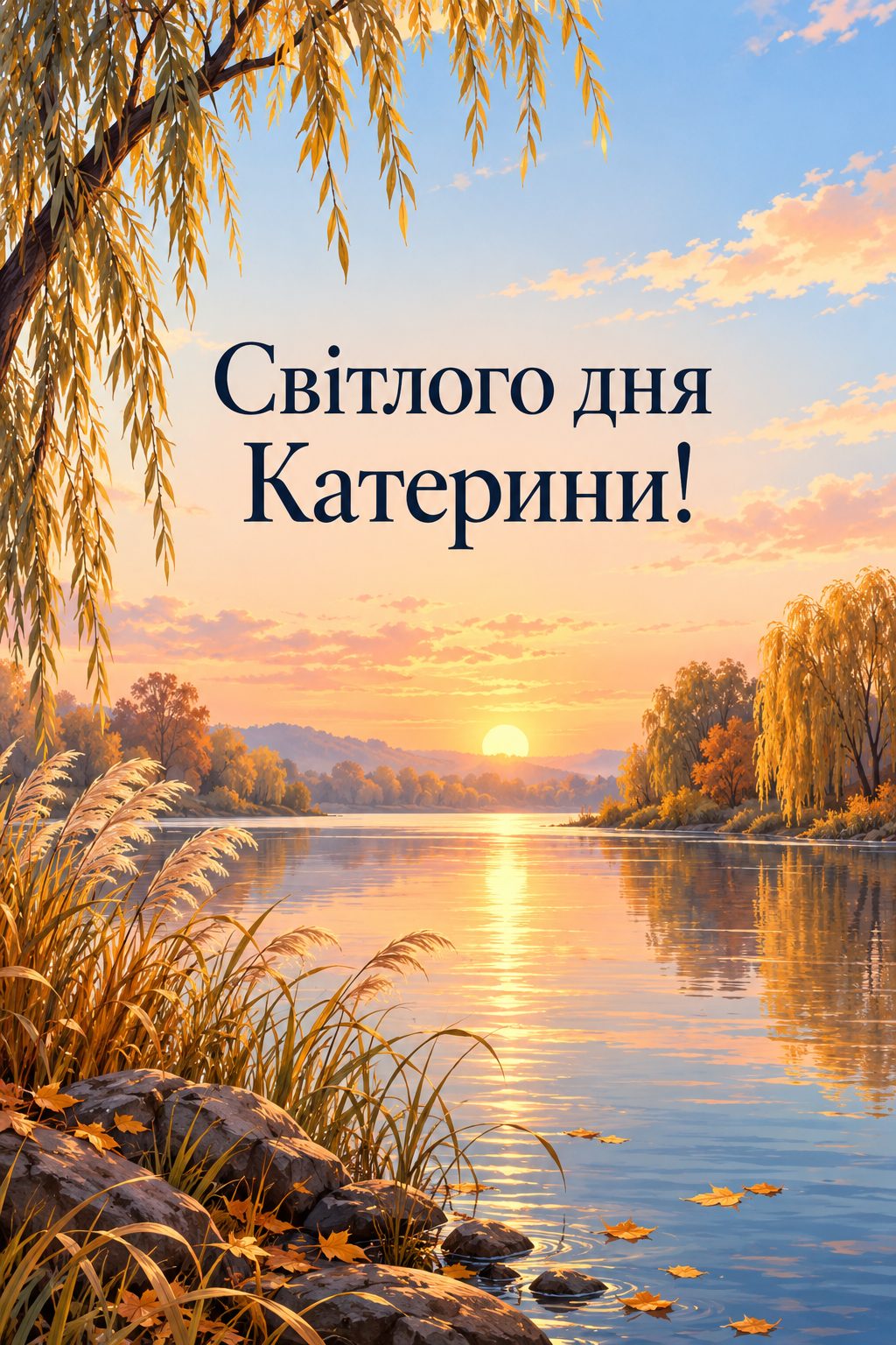 Листівка з Днем ангела Катерини: світанок над тихою річкою з вербами, напис «Світлого дня Катерини!»