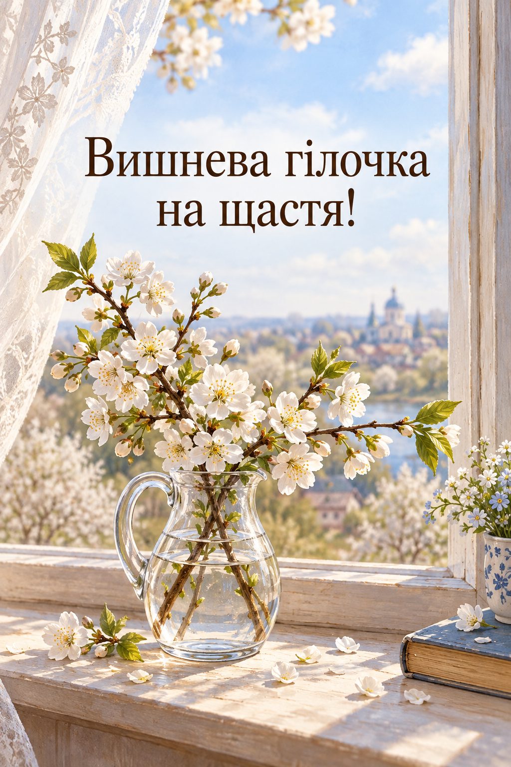 Листівка з Днем ангела Катерини: вишнева гілочка з першими квітами у глечику з водою, напис «Вишнева гілочка на щастя!»