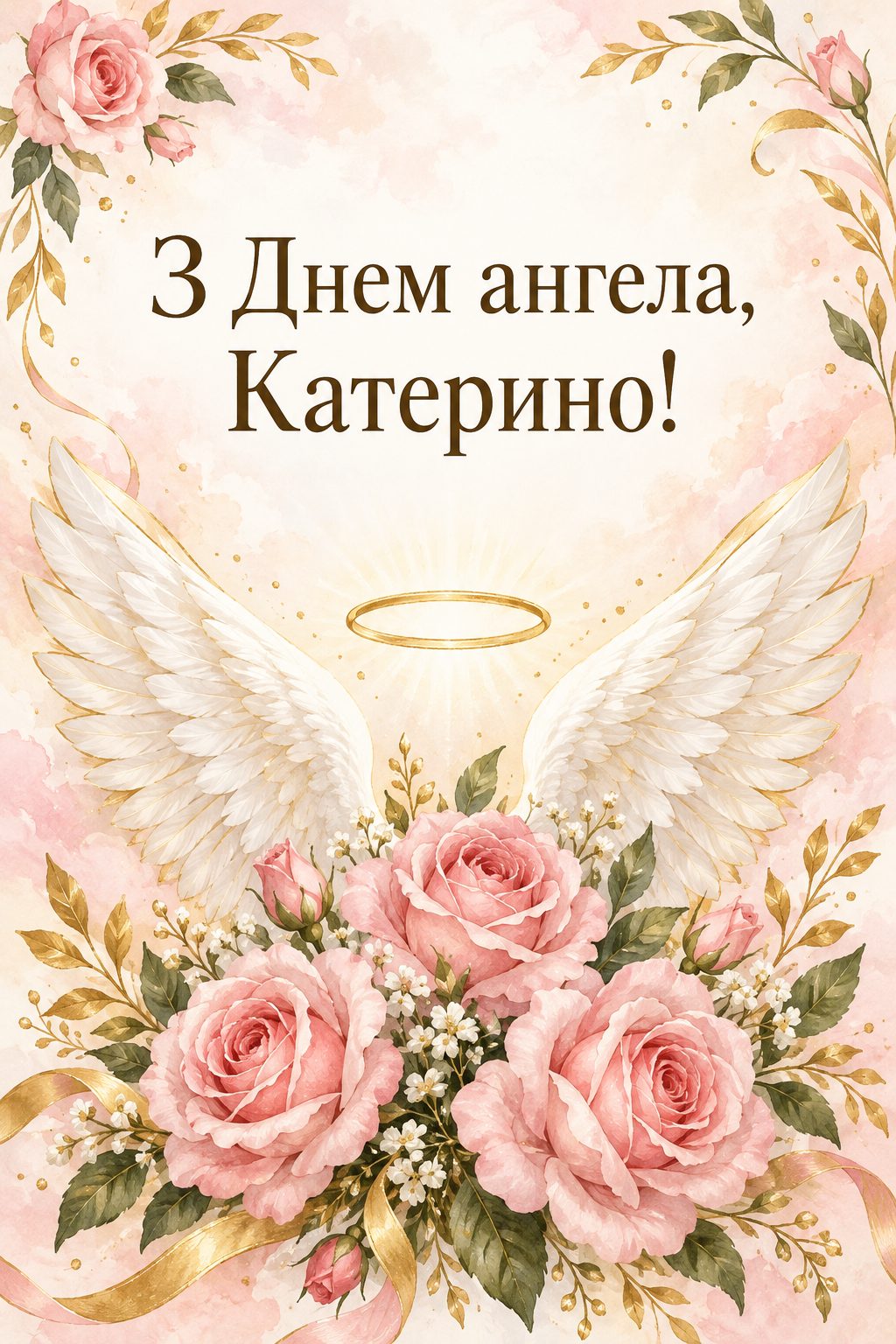 Листівка з Днем ангела Катерини: білі ангельські крила із золотим німбом над букетом рожевих троянд, напис «З Днем ангела, Катерино!»