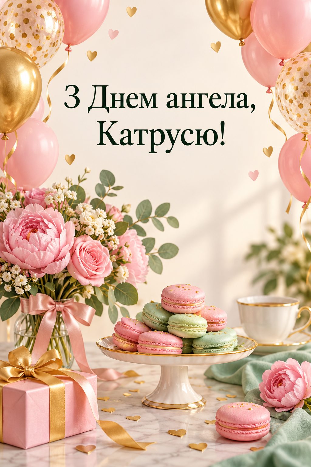 Листівка з Днем ангела Катерини: рожеві й золоті кульки над столом із макарунами, напис «З Днем ангела, Катрусю!»