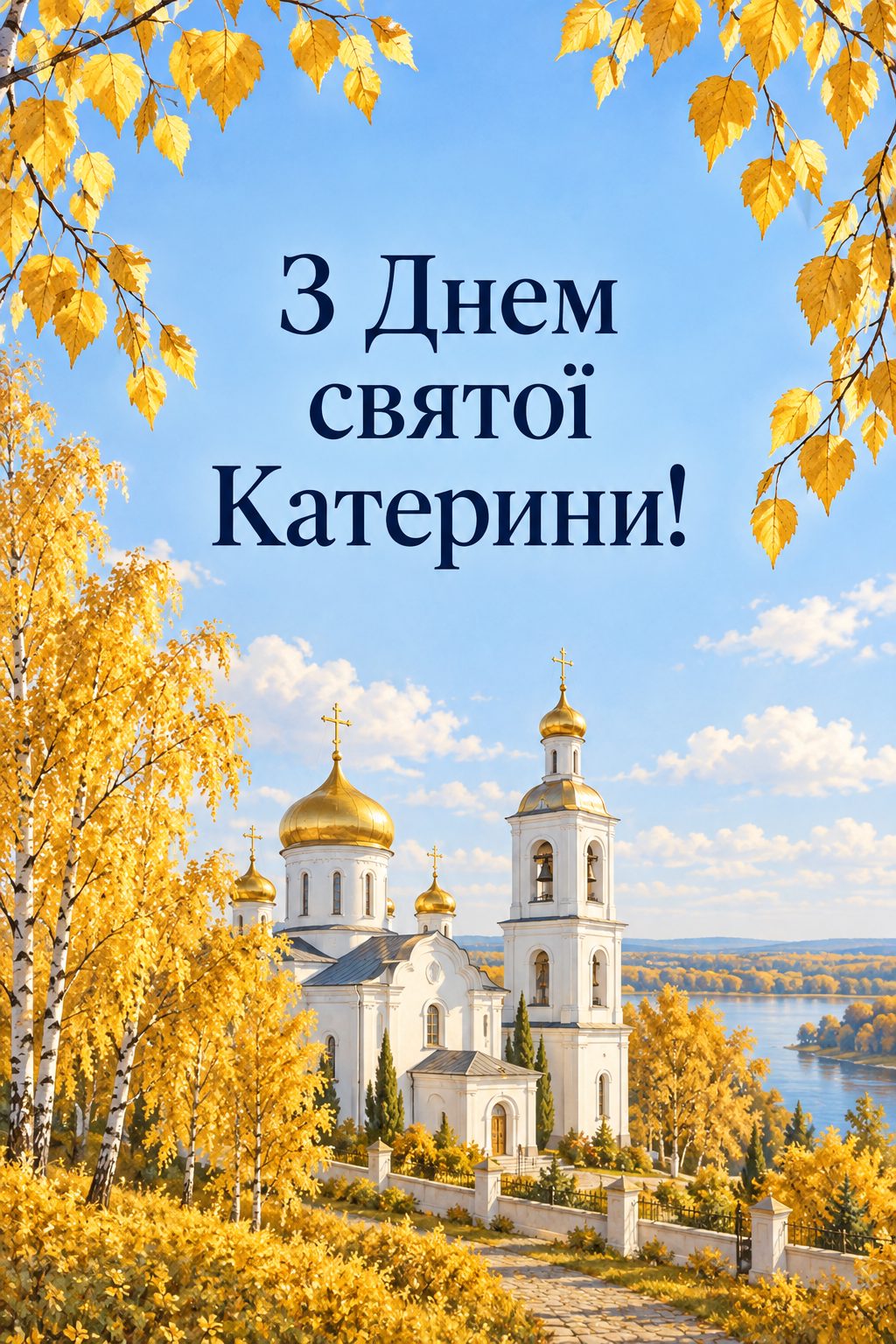 Листівка з Днем ангела Катерини: білий храм із дзвіницею серед золотих беріз, напис «З Днем святої Катерини!»