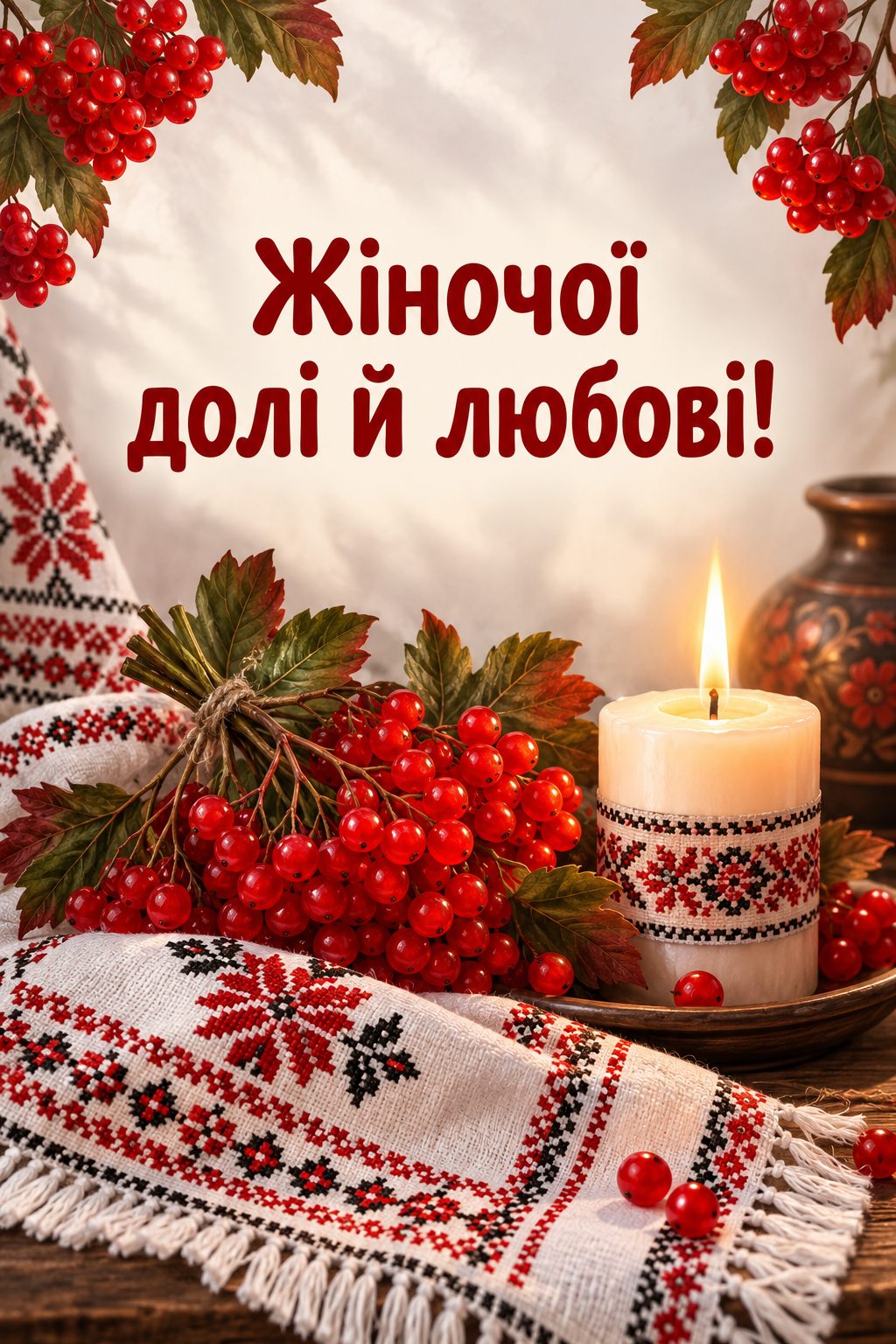 Листівка з Днем ангела Катерини: вишитий рушник, свічка й кетяг калини, напис «Жіночої долі й любові!»