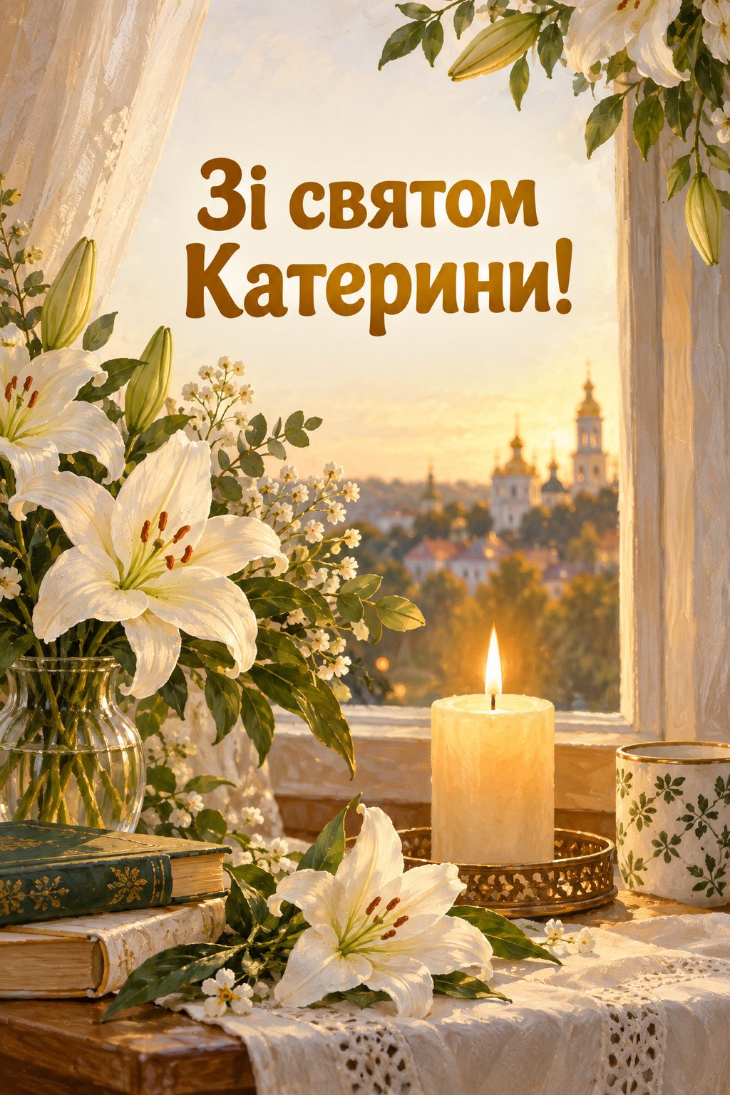 Листівка з Днем ангела Катерини: свічка й білі лілії на столі біля вікна, напис «Зі святом Катерини!»