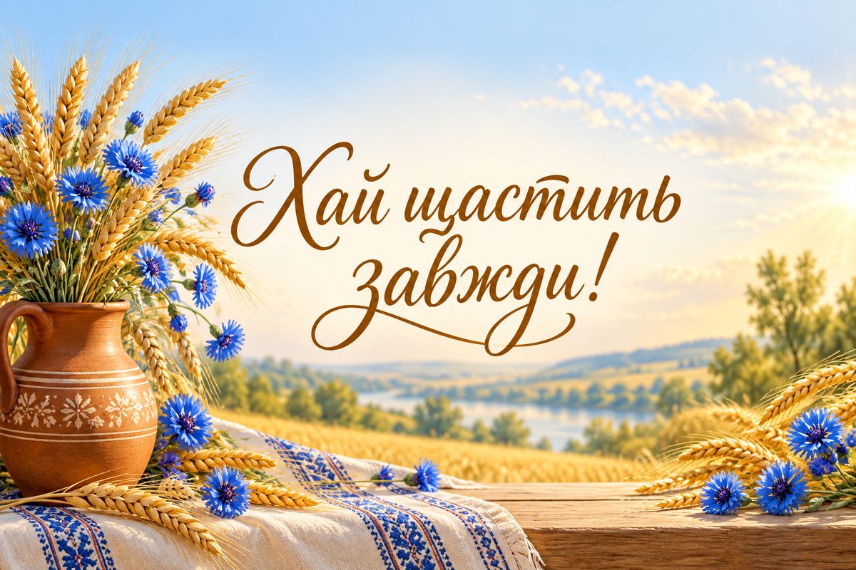Листівка з днем ангела: колоски й волошки в глечику, напис «Хай щастить завжди!»