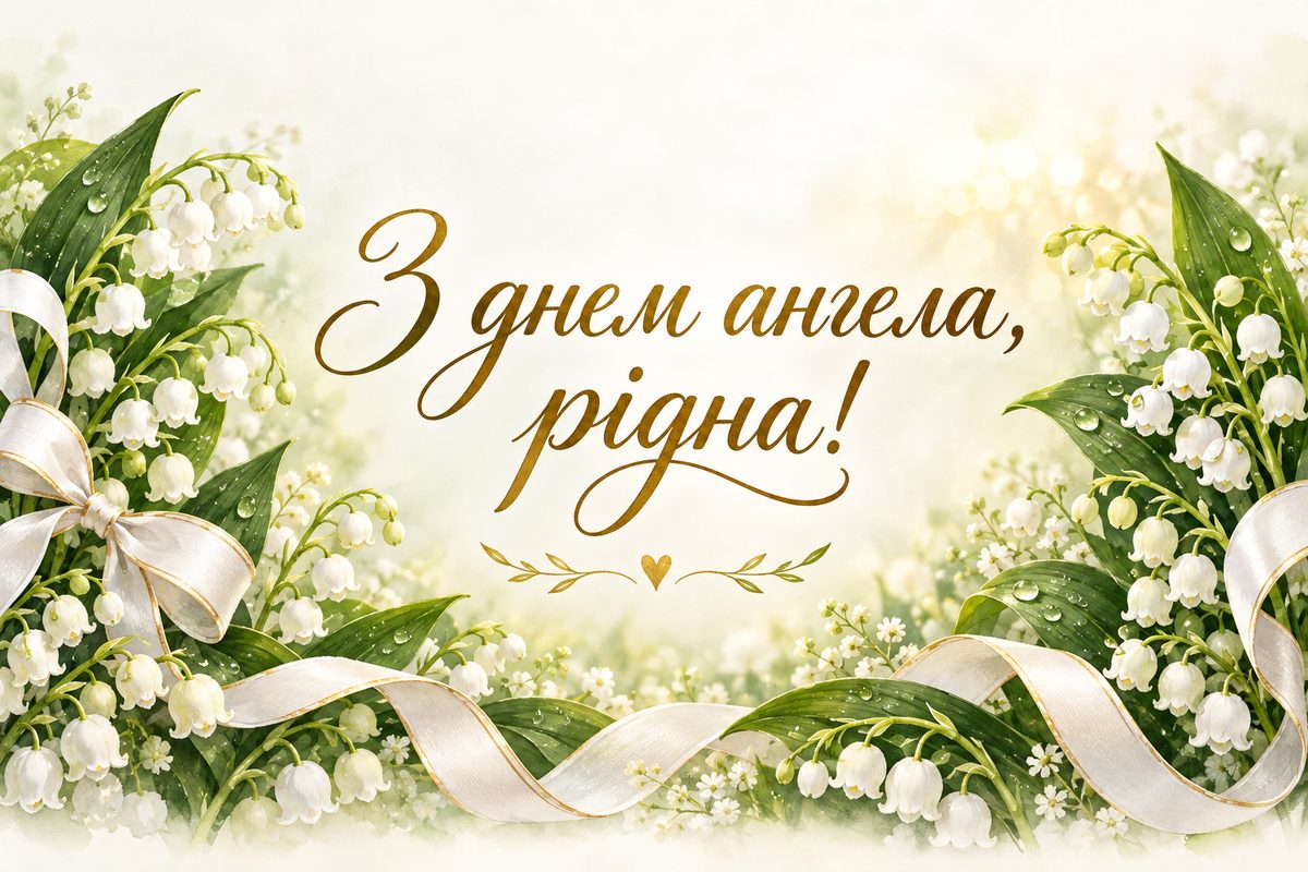 Листівка з днем ангела: конвалії й білі стрічки, напис «З днем ангела, рідна!»