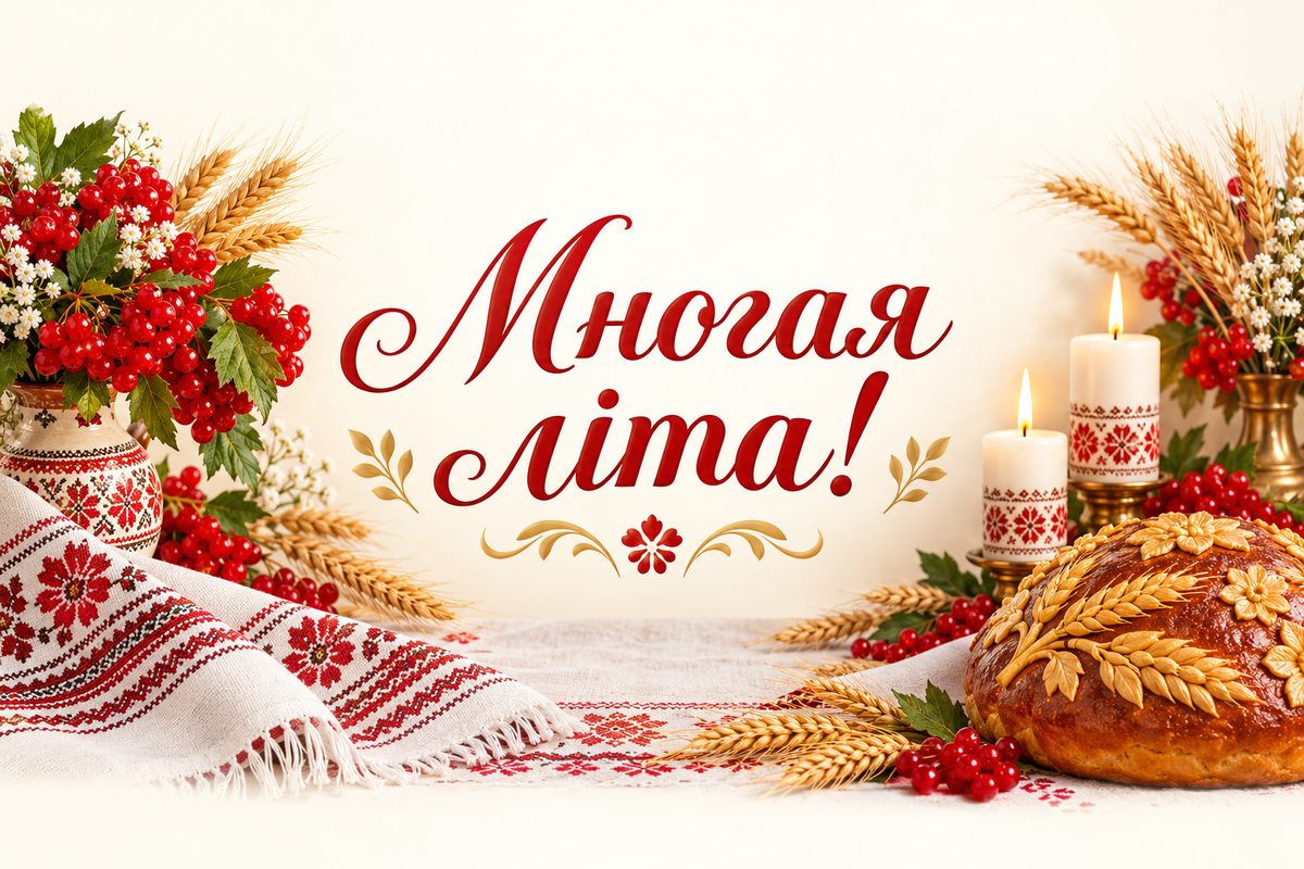 Листівка з днем ангела: вишитий рушник, коровай і свічки, напис «Многая літа!»