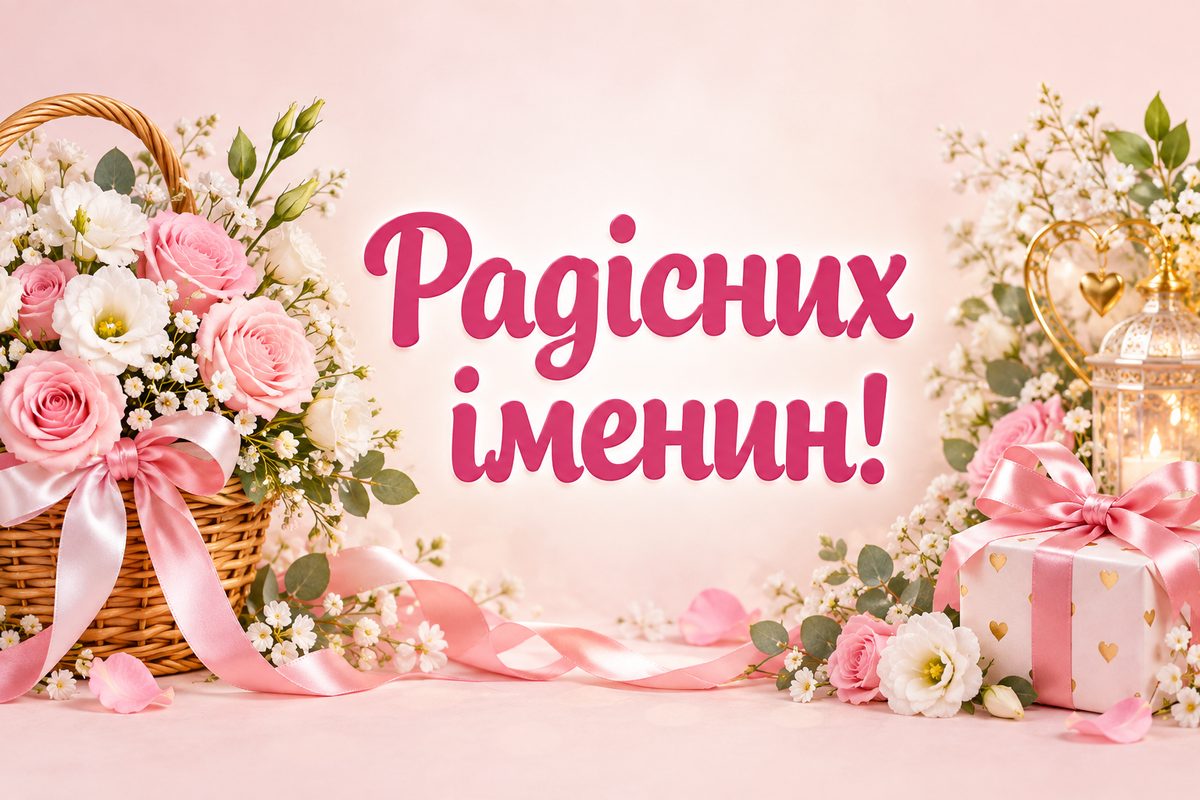 Листівка з днем ангела: кошик квітів і подарунок, напис «Радісних іменин!»