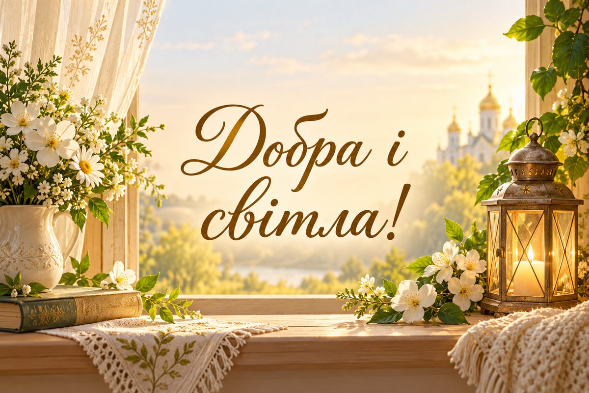 Листівка з днем ангела: ліхтар і білі квіти на підвіконні, напис «Добра і світла!»