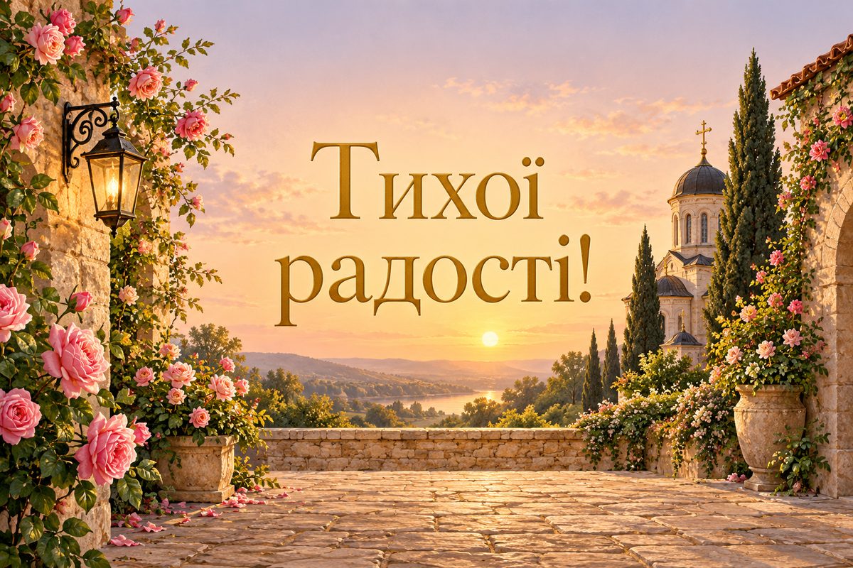 Листівка з днем ангела: монастирське подвірʼя з трояндами, напис «Тихої радості!»