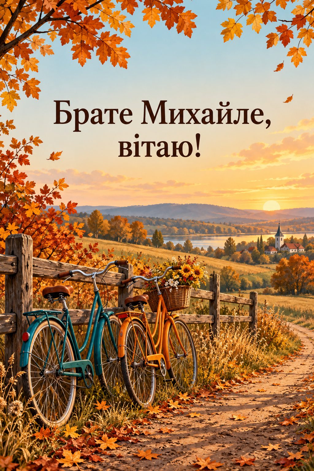 Листівка з Днем ангела Михайла: два велосипеди біля паркану на осінній польовій дорозі, напис «Брате Михайле, вітаю!»
