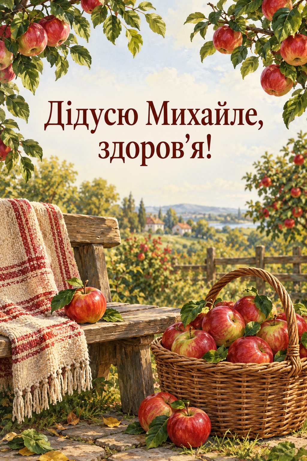 Листівка з Днем ангела Михайла: яблуневий сад, кошик яблук і лавка, напис «Дідусю Михайле, здоров'я!»