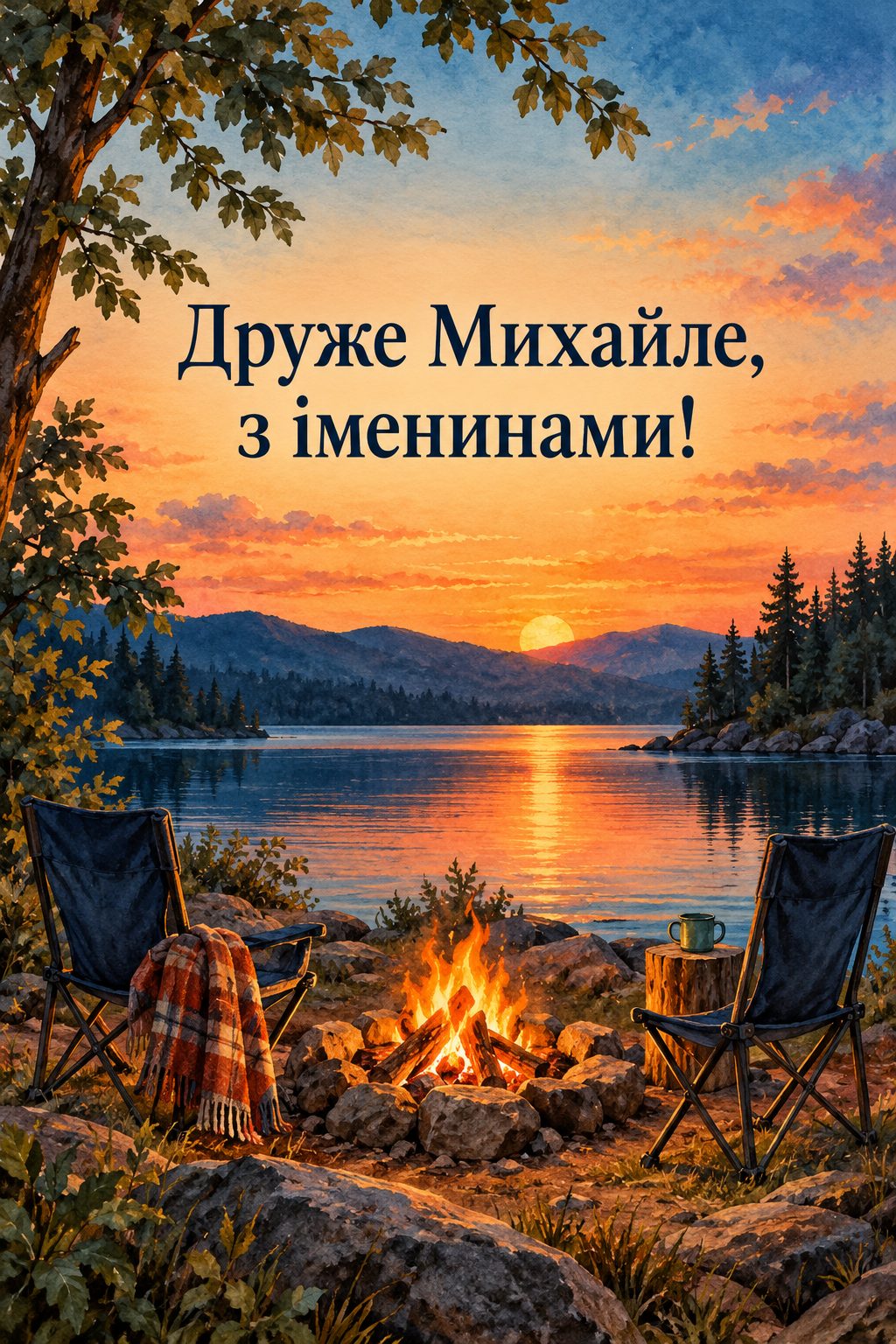 Листівка з Днем ангела Михайла: багаття біля озера в сутінках і два складані стільці, напис «Друже Михайле, з іменинами!»
