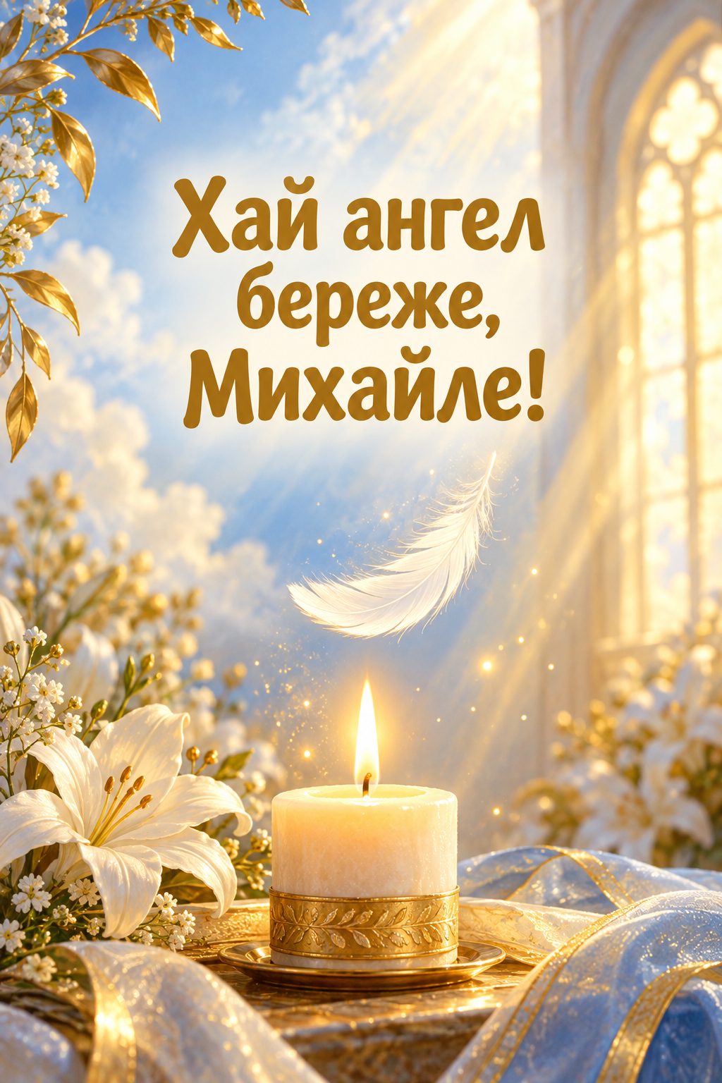 Листівка з Днем ангела Михайла: біле перо в сонячному світлі над свічкою, напис «Хай ангел береже, Михайле!»