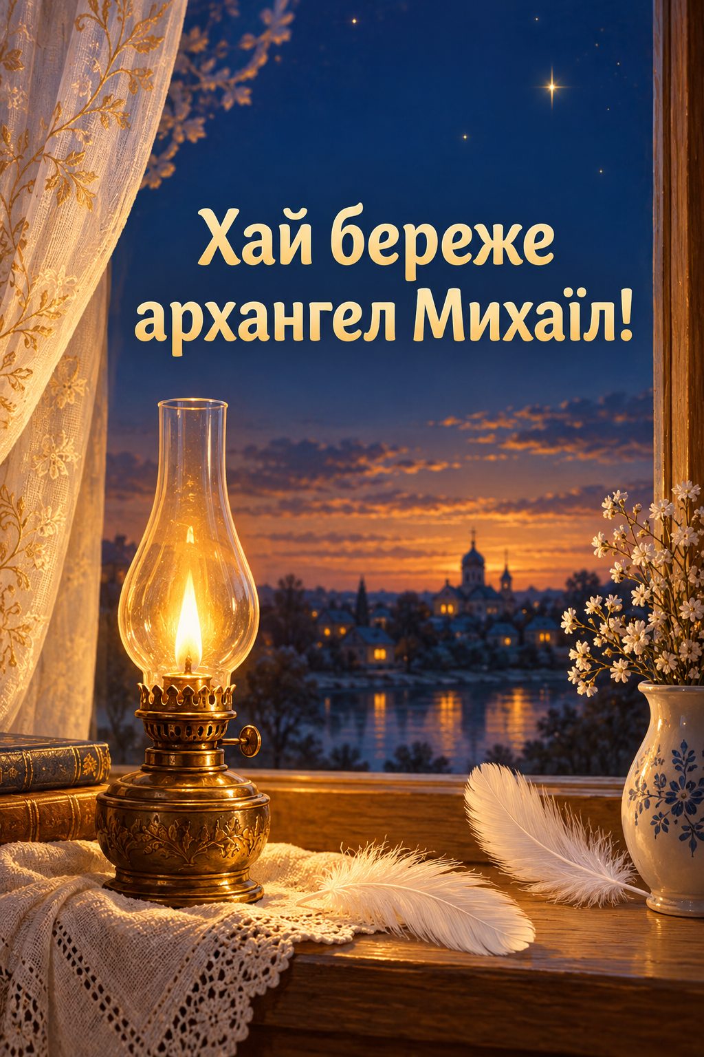 Листівка з Днем ангела Михайла: лампадка й білі пера на підвіконні в сутінках, напис «Хай береже архангел Михаїл!»