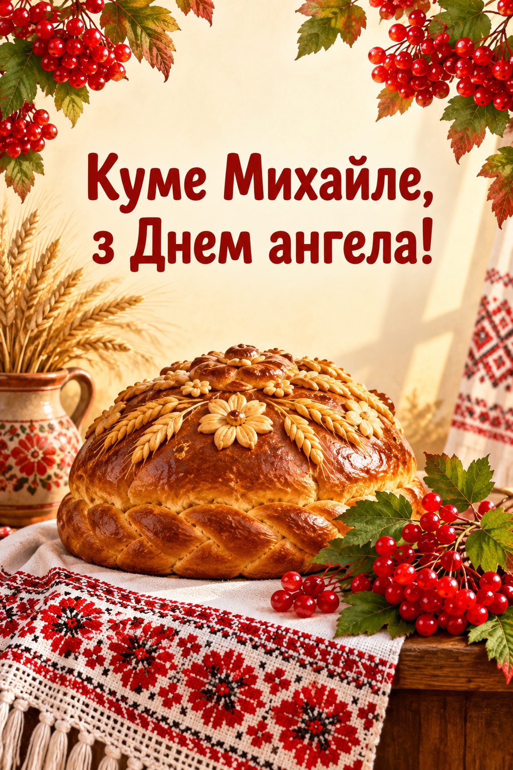 Листівка з Днем ангела Михайла: коровай на вишитому рушнику й кетяг калини, напис «Куме Михайле, з Днем ангела!»