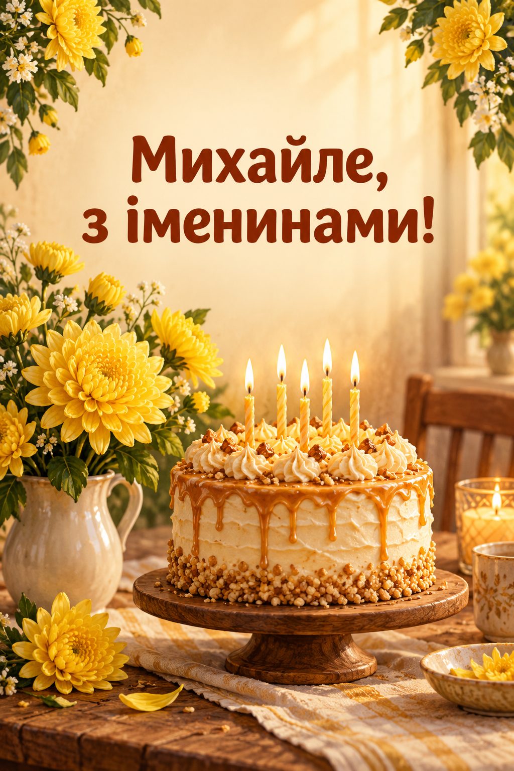 Листівка з Днем ангела Михайла: святковий торт зі свічками й жовті хризантеми, напис «Михайле, з іменинами!»