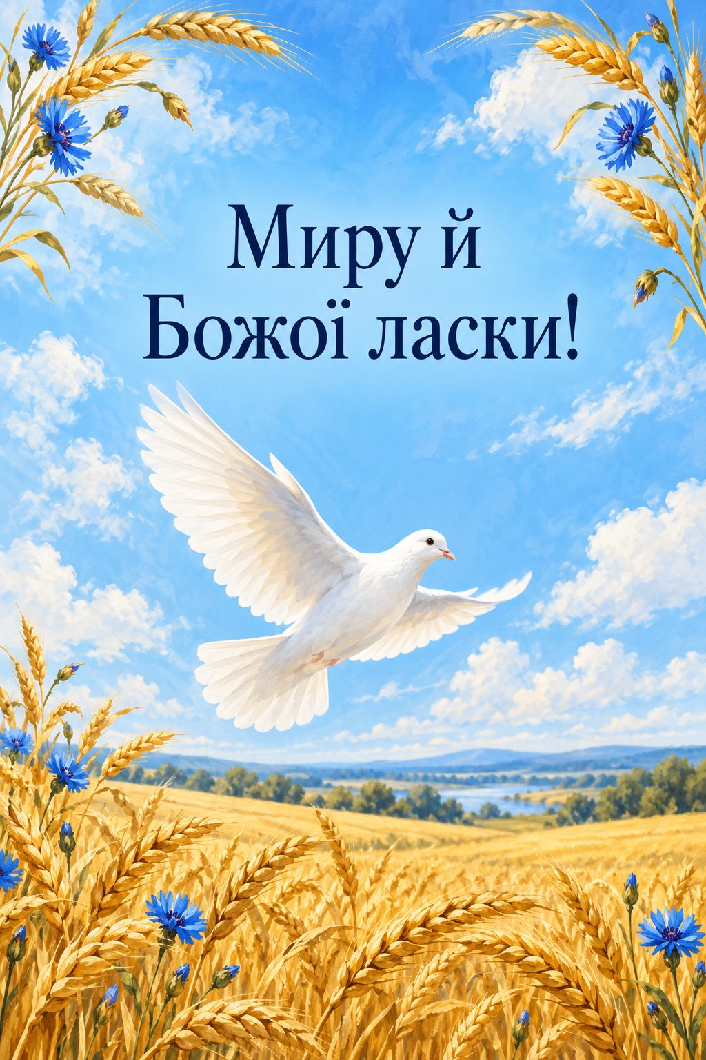 Листівка з Днем ангела Михайла: білий голуб над пшеничним полем, напис «Миру й Божої ласки!»