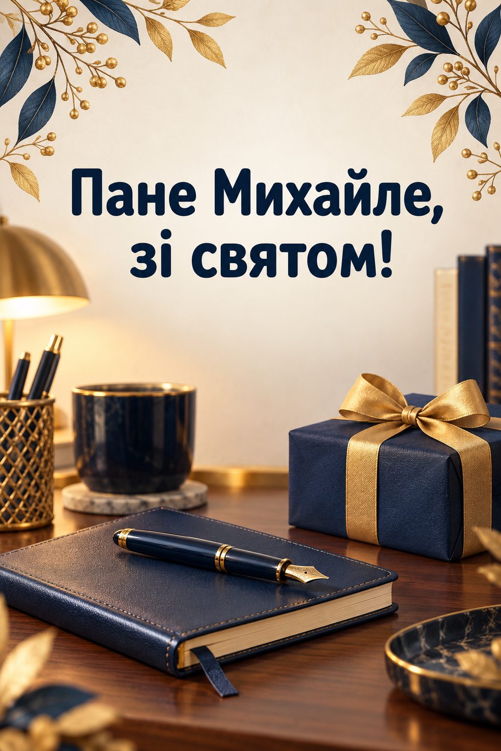 Листівка з Днем ангела Михайла: робочий стіл із перовою ручкою, записником і подарунком, напис «Пане Михайле, зі святом!»