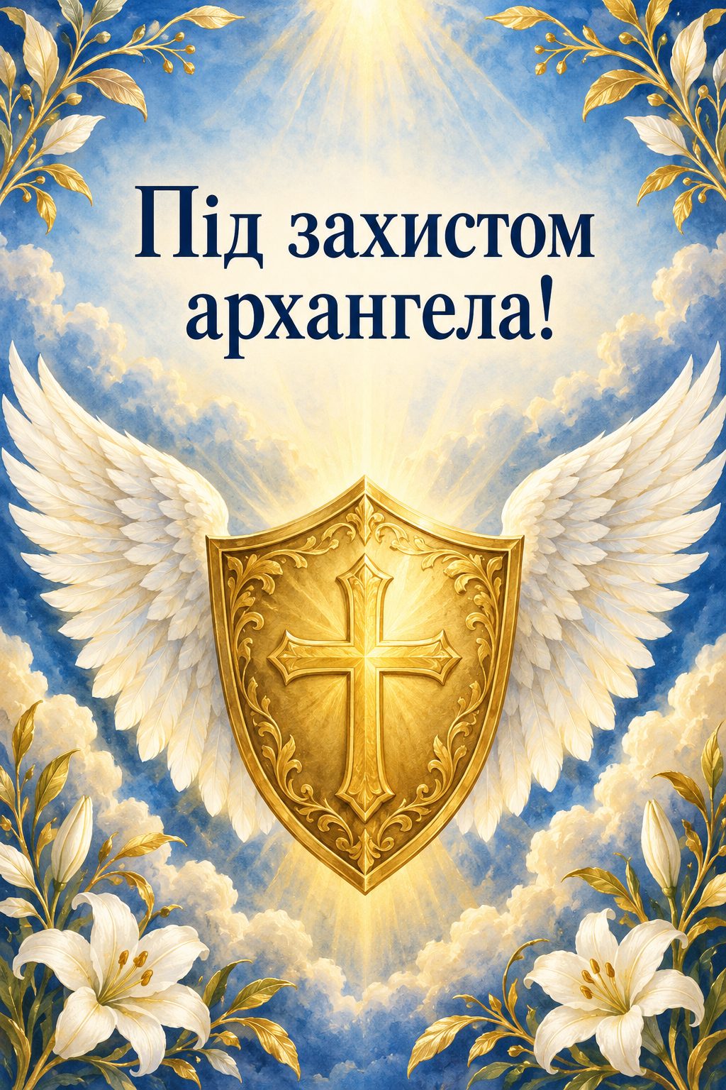 Листівка з Днем ангела Михайла: золотий щит із хрестом і білі крила за ним, напис «Під захистом архангела!»