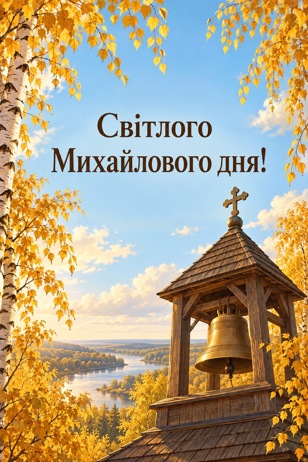 Листівка з Днем ангела Михайла: дзвін у дерев'яній дзвіниці серед жовтих беріз, напис «Світлого Михайлового дня!»