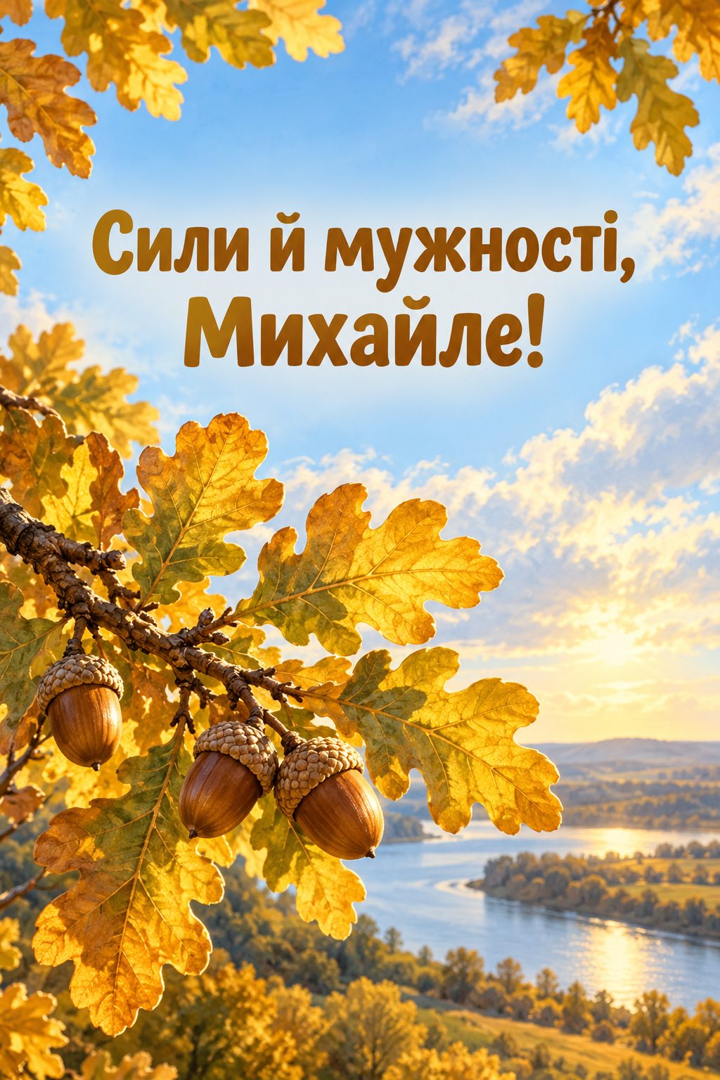 Листівка з Днем ангела Михайла: дубова гілка з жолудями й золотим листям, напис «Сили й мужності, Михайле!»