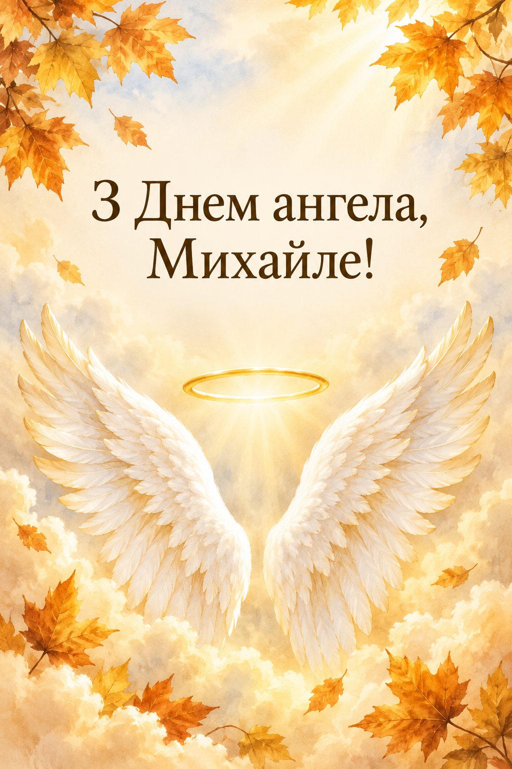 Листівка з Днем ангела Михайла: білі ангельські крила із золотим німбом і кленове листя, напис «З Днем ангела, Михайле!»