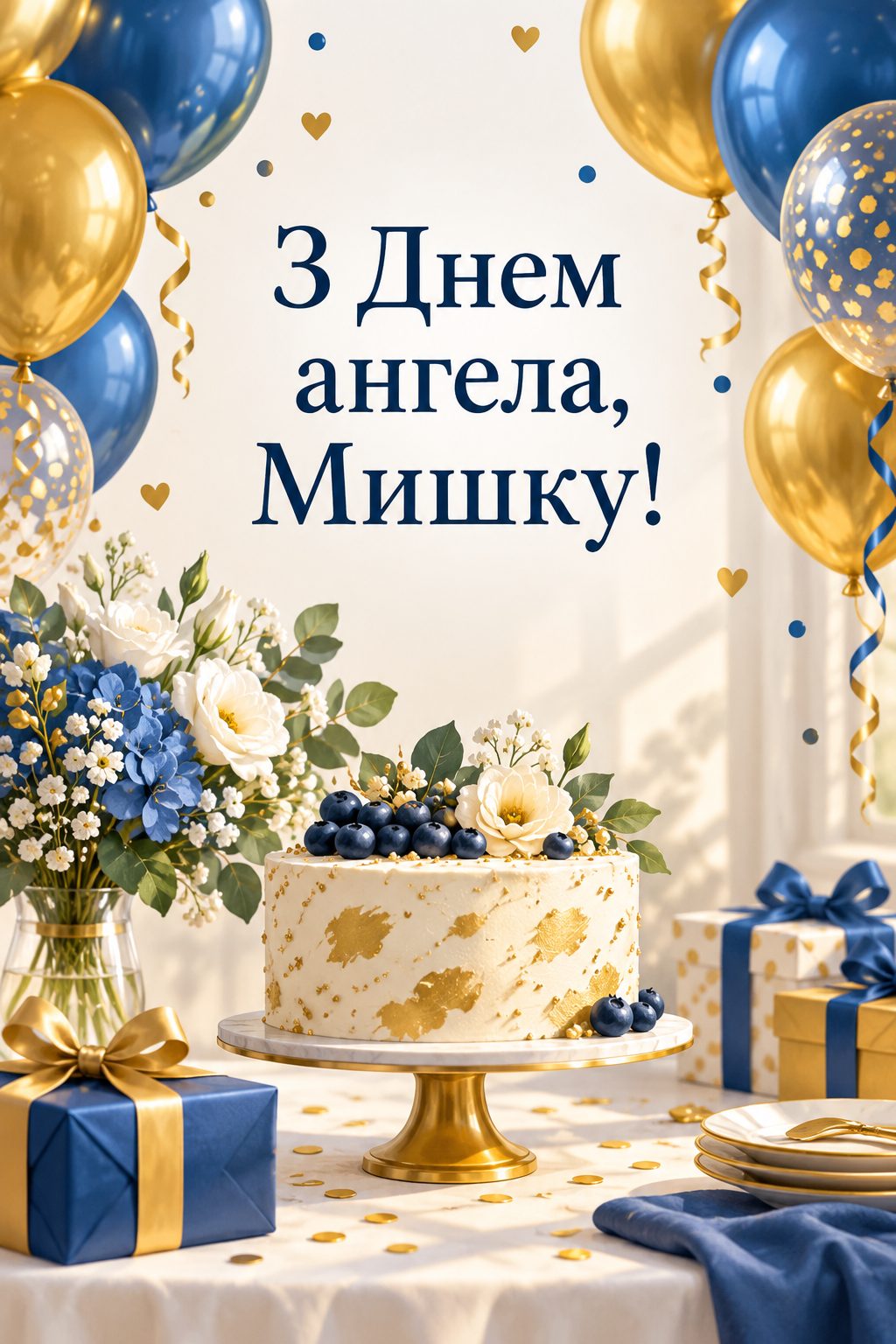 Листівка з Днем ангела Михайла: сині й золоті кульки над столом із тортом, напис «З Днем ангела, Мишку!»