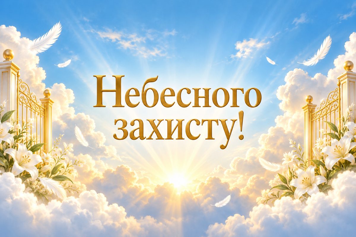 Листівка з днем ангела: небесне світло й пірʼя, напис «Небесного захисту!»