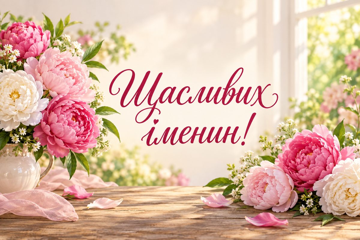 Листівка з днем ангела: півонії на сонці, напис «Щасливих іменин!»