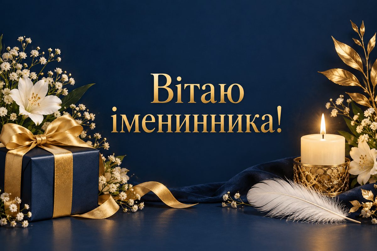 Листівка з днем ангела: подарунок, свічка й біле пірʼя, напис «Вітаю іменинника!»