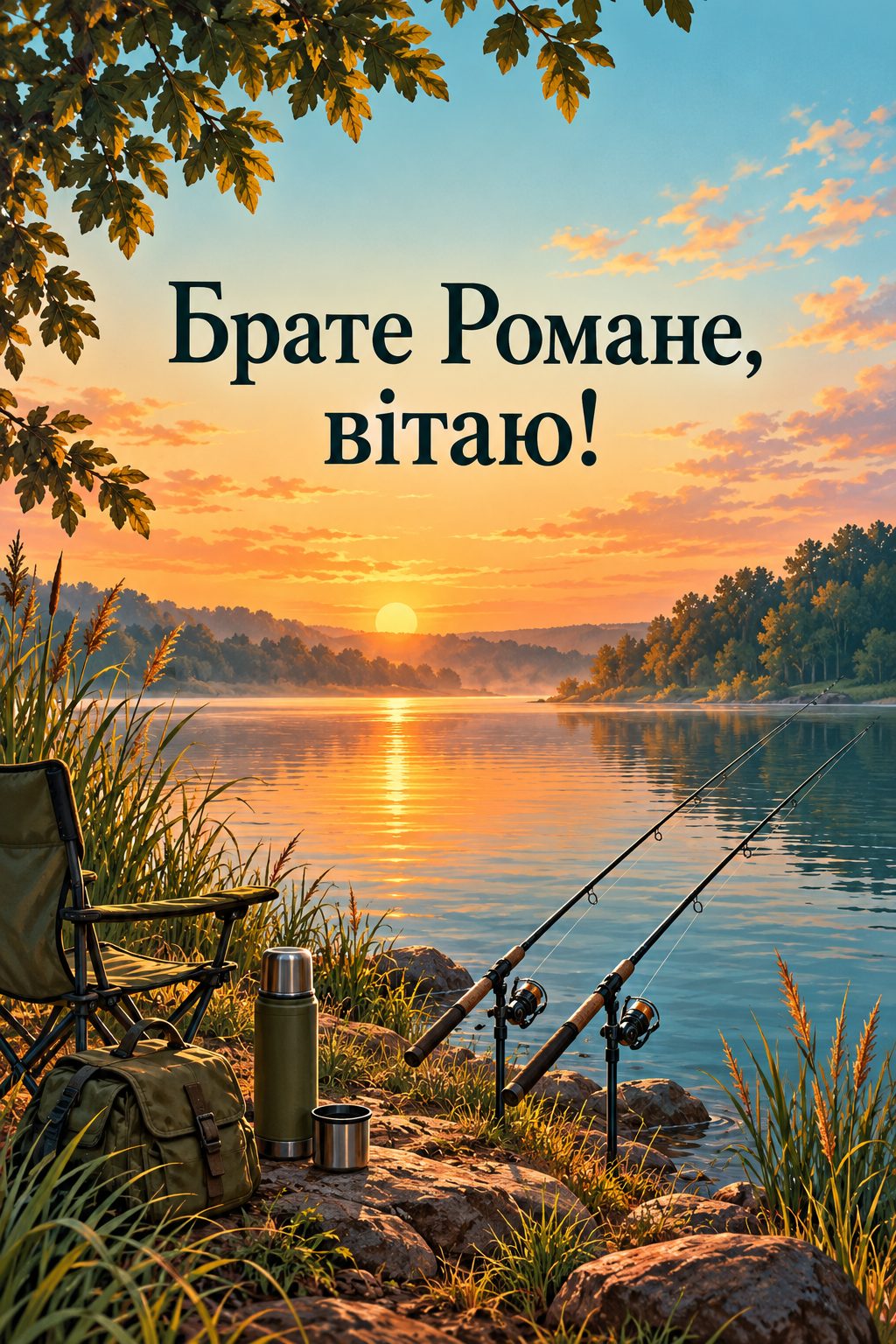 Листівка з Днем ангела Романа: дві вудки й термос на березі річки, напис «Брате Романе, вітаю!»