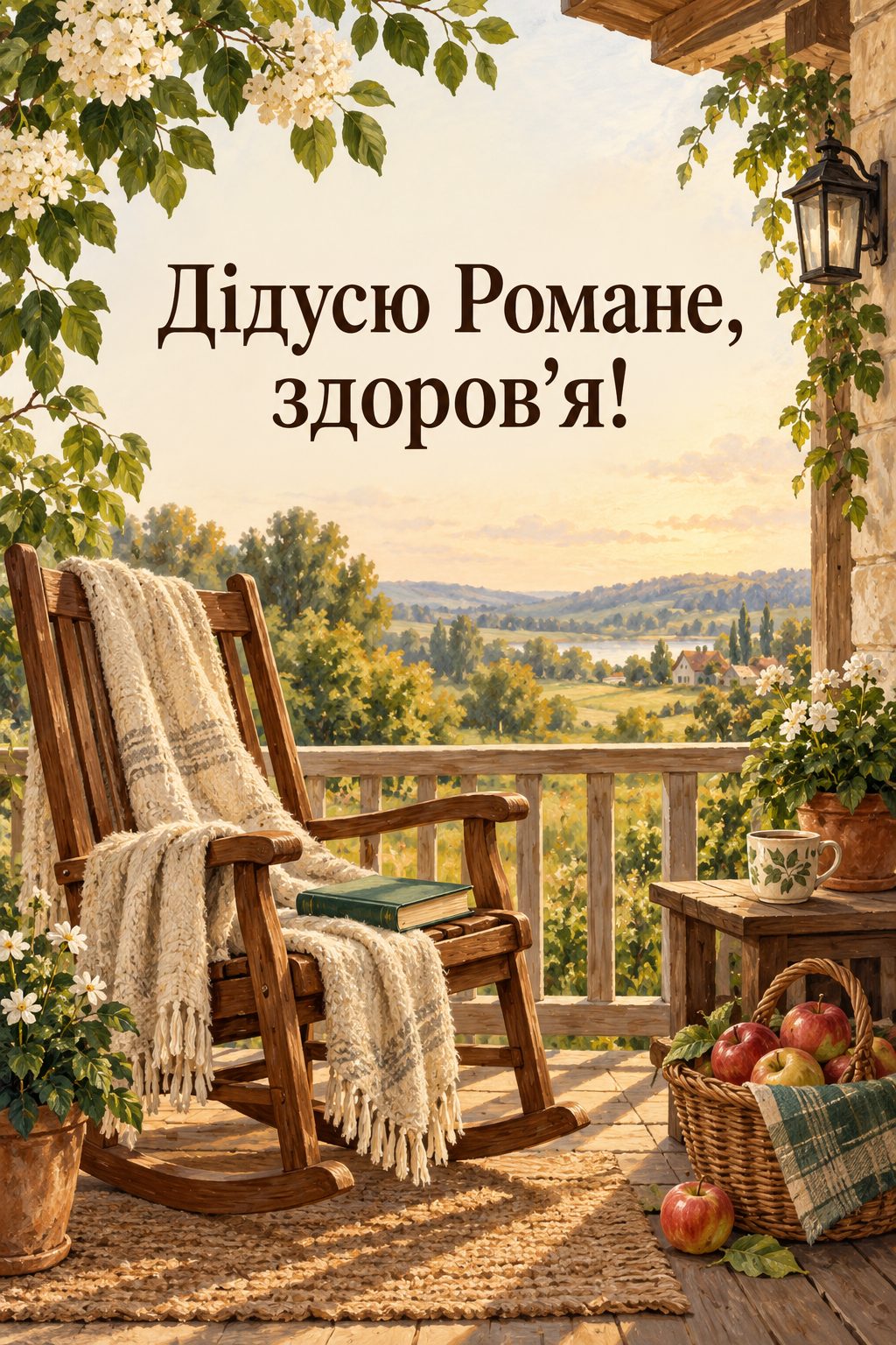 Листівка з Днем ангела Романа: крісло-гойдалка на ґанку, книжка й кошик яблук, напис «Дідусю Романе, здоров'я!»