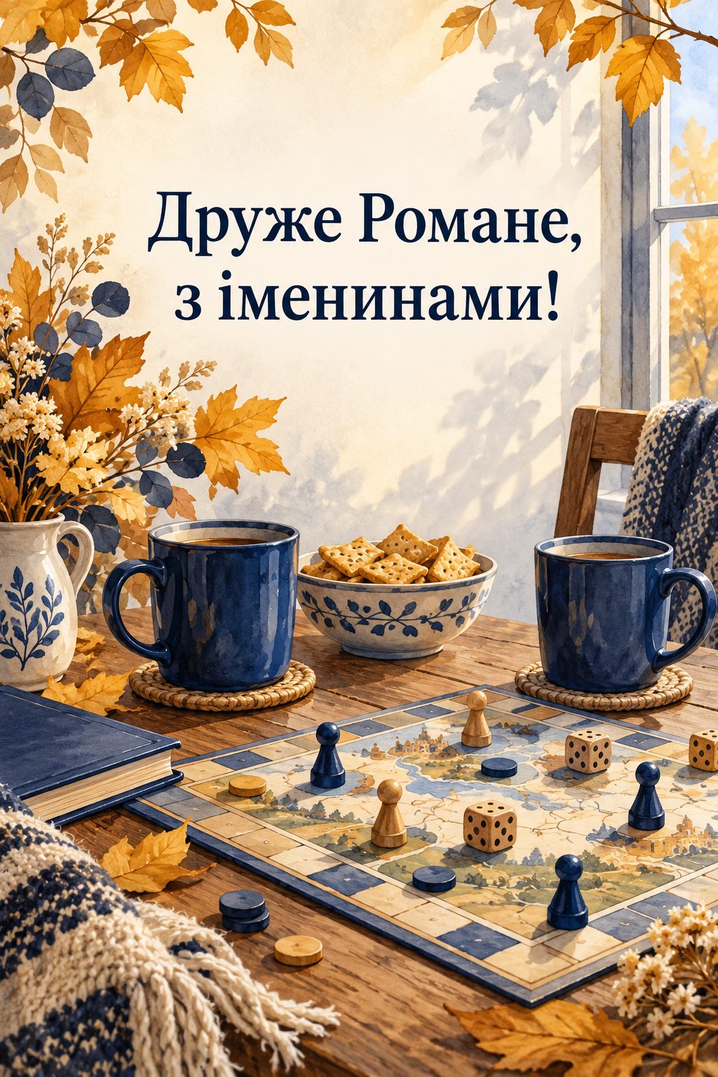 Листівка з Днем ангела Романа: настільна гра, дві чашки й закуски, напис «Друже Романе, з іменинами!»