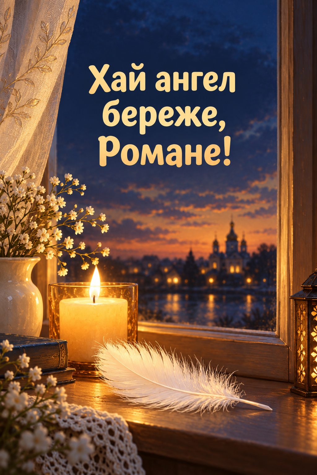 Листівка з Днем ангела Романа: біле перо на підвіконні біля свічки, напис «Хай ангел береже, Романе!»