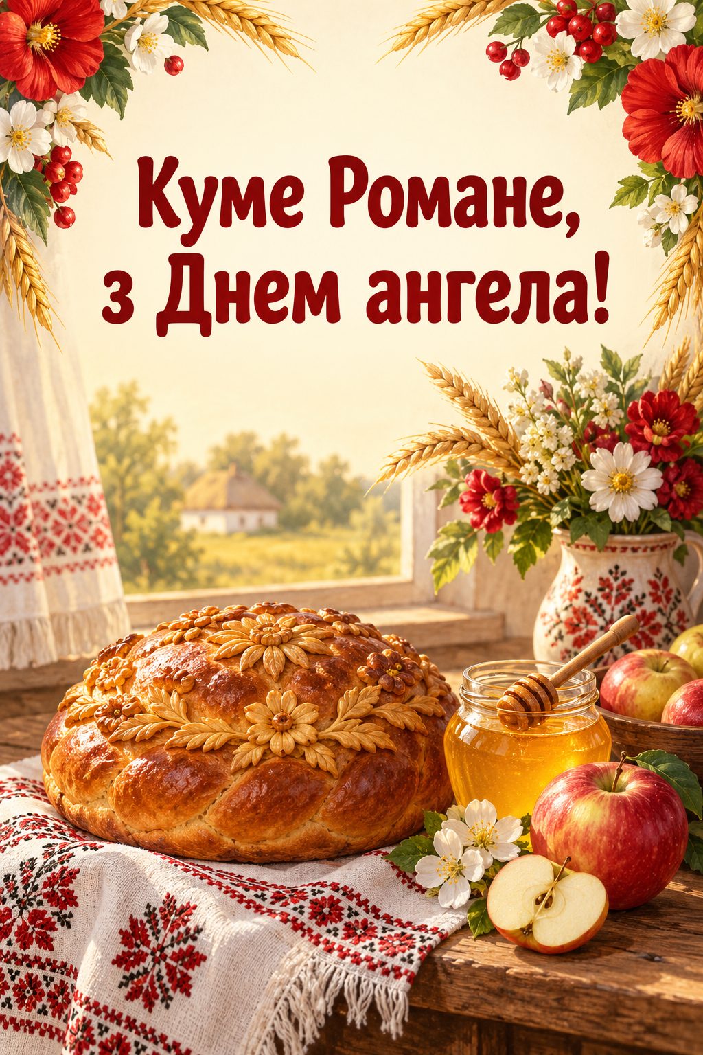 Листівка з Днем ангела Романа: коровай на рушнику, мед і яблука, напис «Куме Романе, з Днем ангела!»