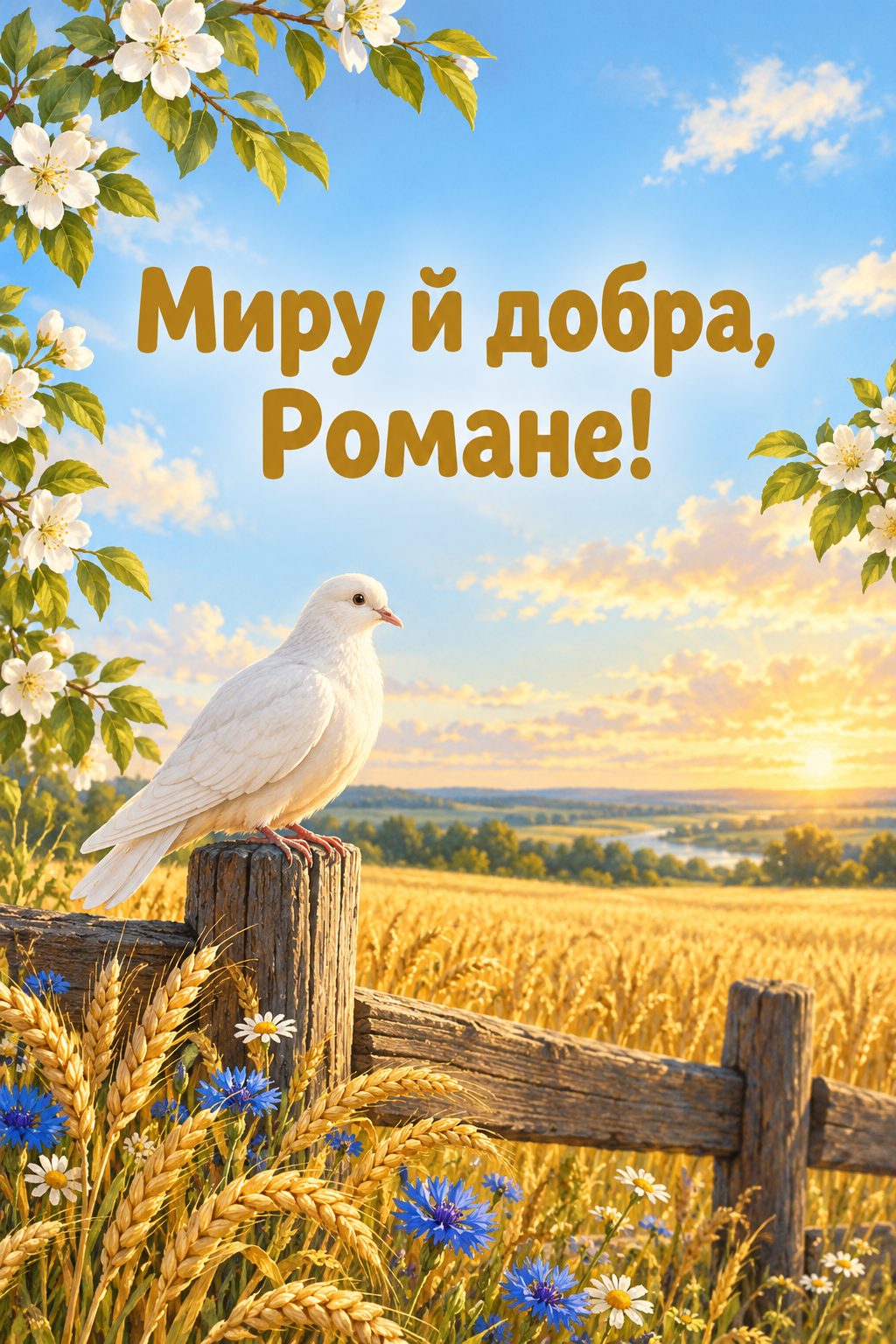 Листівка з Днем ангела Романа: білий голуб на паркані біля поля, напис «Миру й добра, Романе!»
