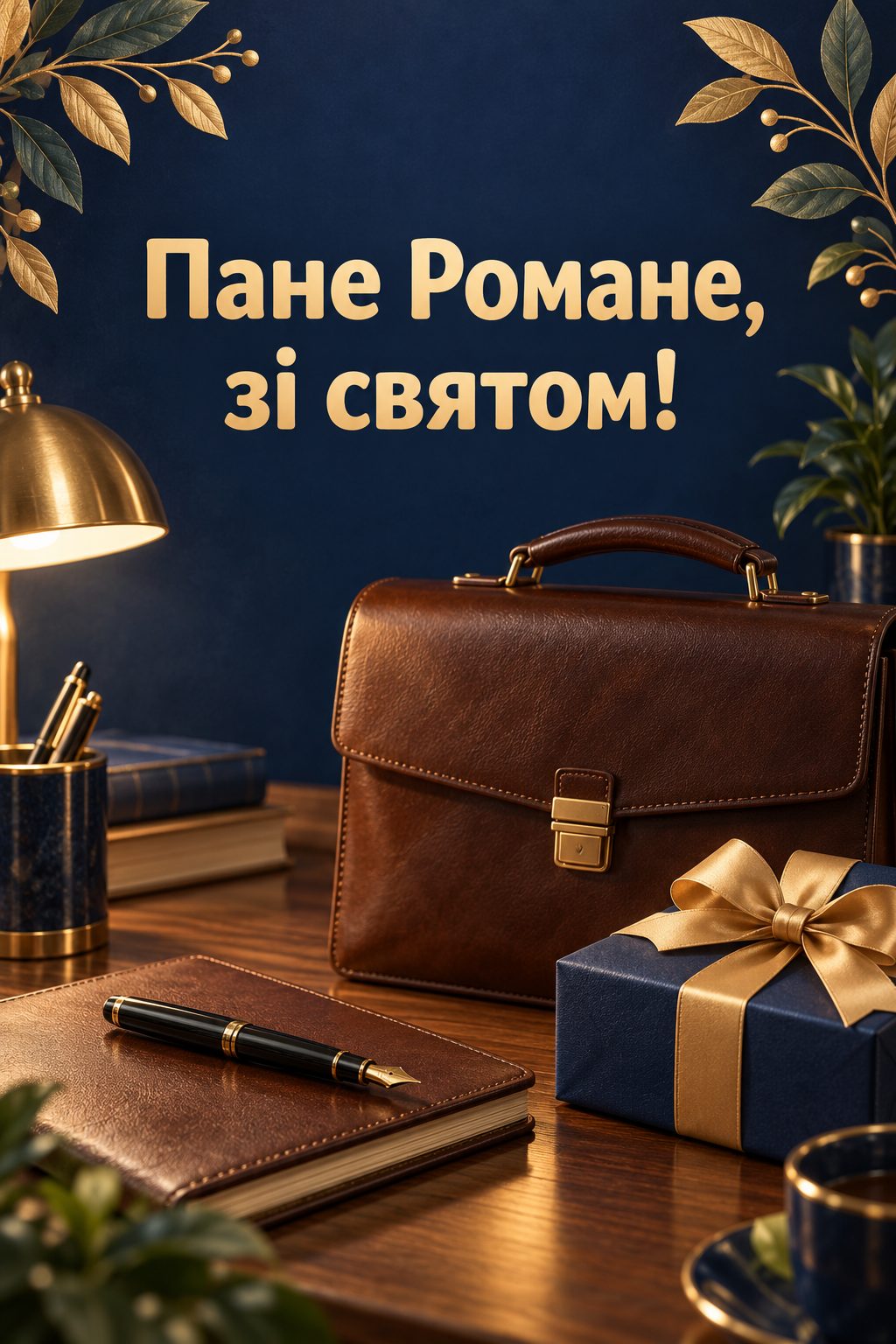 Листівка з Днем ангела Романа: робочий стіл із портфелем, ручкою й подарунком, напис «Пане Романе, зі святом!»