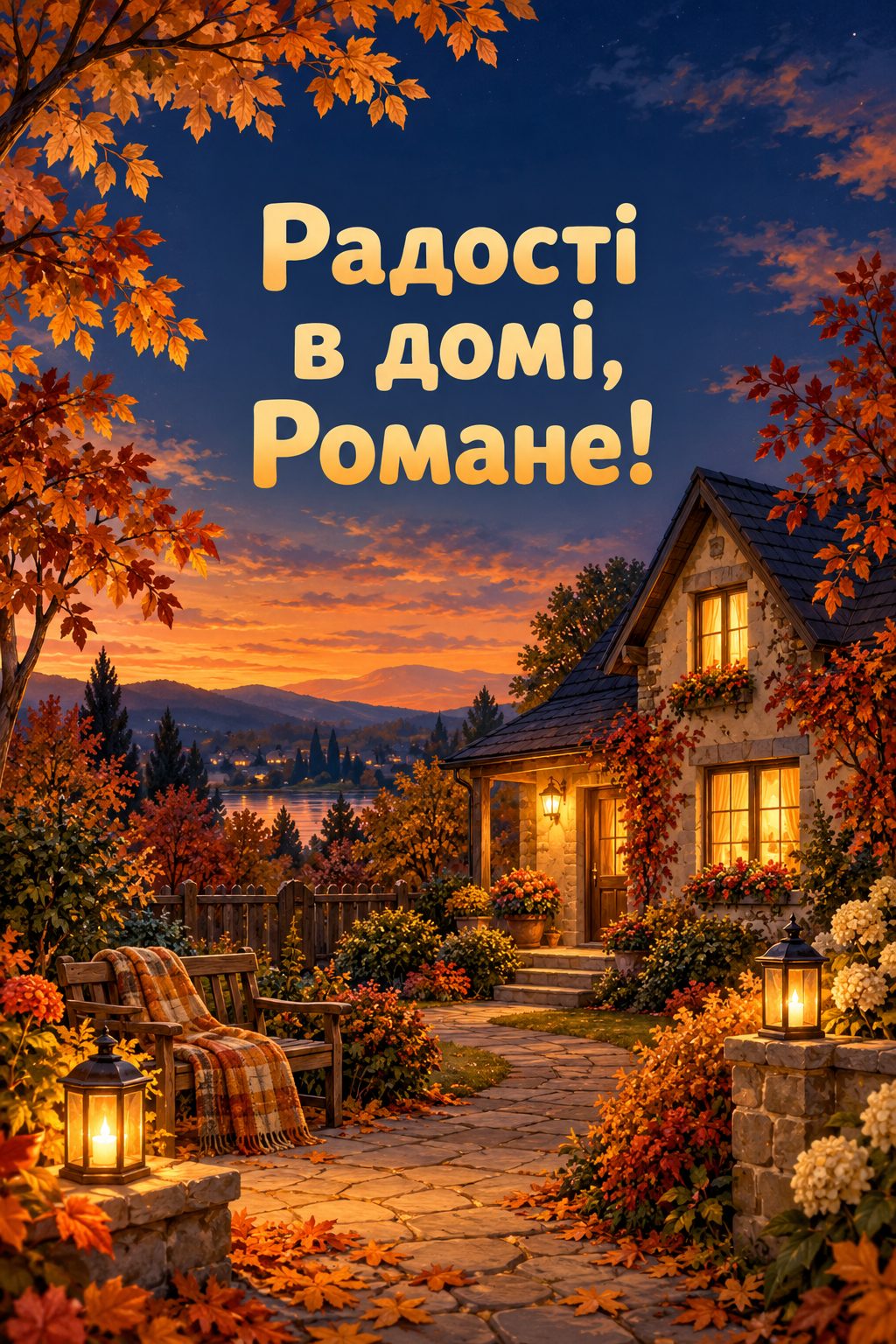 Листівка з Днем ангела Романа: будинок з освітленими вікнами в осінньому саду, напис «Радості в домі, Романе!»