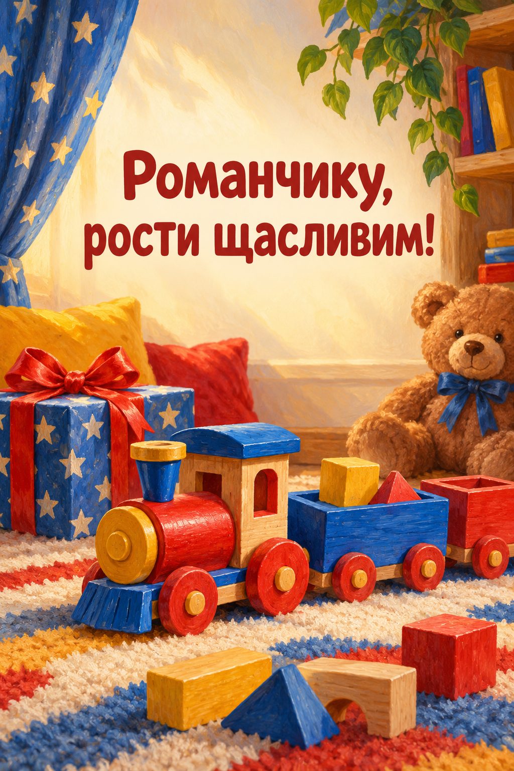 Листівка з Днем ангела Романа: іграшковий потяг, кубики й подарунок, напис «Романчику, рости щасливим!»